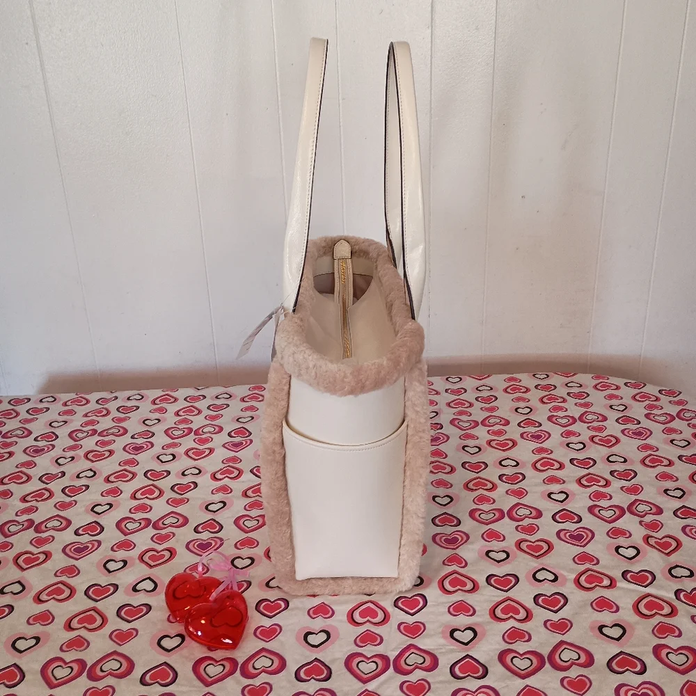 SOLD- NWT Kate Spade Meringue Cream White Jett Shearling Trim Large Tote Purse - Picture 8 of 16